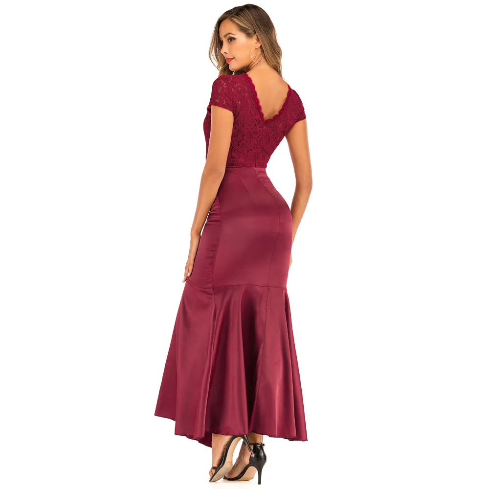 

Women's Vintage O Neck Floral Lace Patchwork Stain Split Ruffles Evening Party Maxi Dress Burgundy Sheath Long Formal Dresses