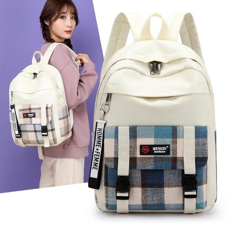 

2020 Canvas Plaid School Bag College Style Girl Backpack Junior High College Student Casual Sac A Dos Bolsa Mochila Feminina