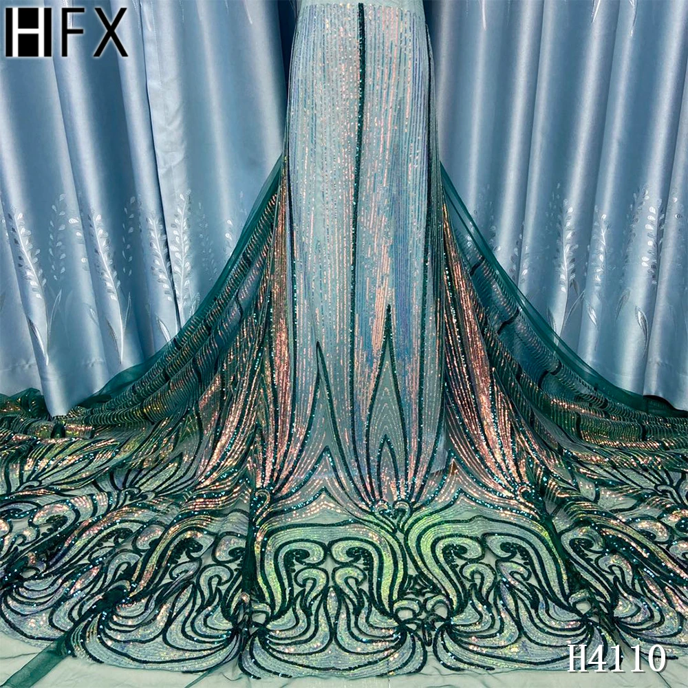 

HFX Nigerian Lace Fabric 2020 High Quality Lace Sequins Tulle Lace Fabric Embroidered For Women Party Wedding dress 5Yards H4110