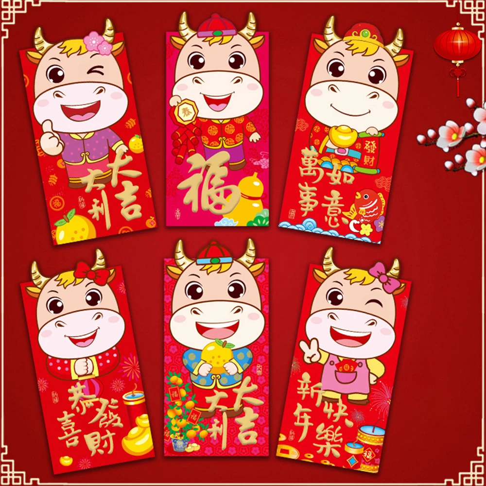 

6pcs 2021 Ox Lucky Chinese Red Envelopes Lucky Pockets Red Packet For Chinese New Year Spring Birthday Marry Party Gift Box