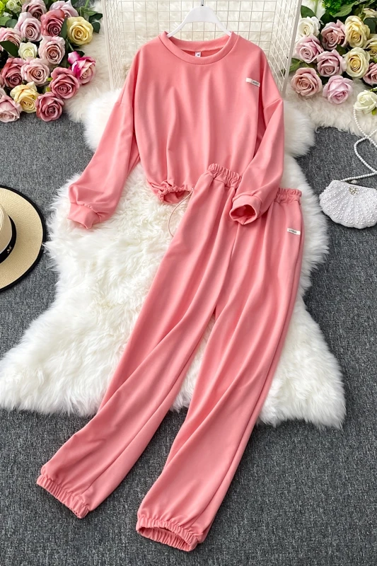 

Korean leisure sports suit women's autumn loose long sleeve T-shirt + high waist sports pants two piece set