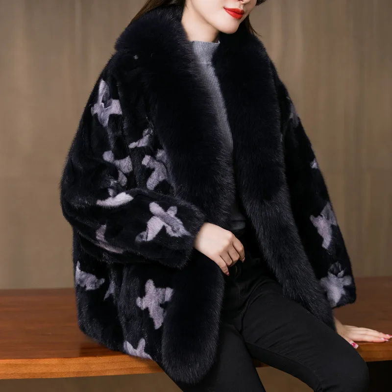 2021 Fashion Mink Fur Coats Fox Fur Collar Dark Blue Print Jackets Warm High Quality Luxury Ladies Outwear Winter Jackets