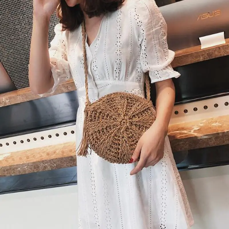 

2020 Women Straw Bags Bohemian Rattan Female Beach Handbag Circle Lady Weave Messenger Bag Handmade Round Kintted Crossbody