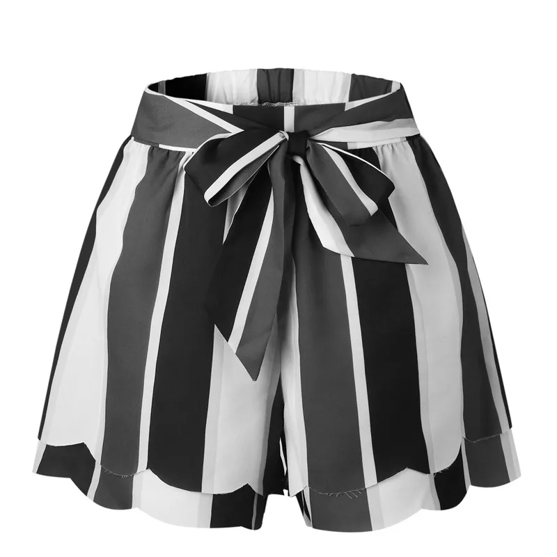 

Lotus Leaf Skirt Shorts Women Edge Striped Shorts High Waist Drawstring Belted Shorts Girls Female Summer Shorts