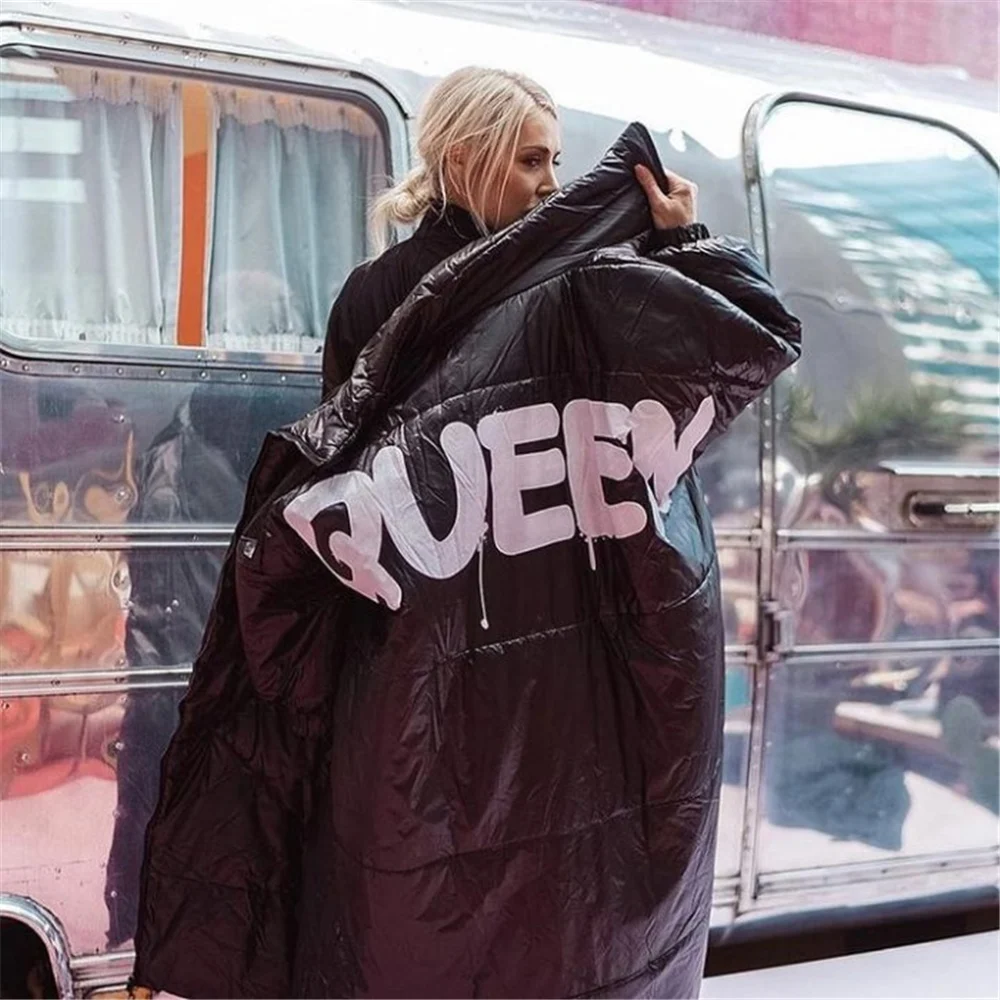 

Womens Long Coats Letters Printed Lapel Neck Loose Woman Jackets Solid Color Female Outerwear with Zipper