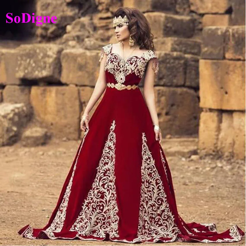 

SoDigne Moroccan Kaftan Formal Evening Dresses With Sleeves Lace Appliques Arabic Dubai Special Occasion Dresses Custom Made
