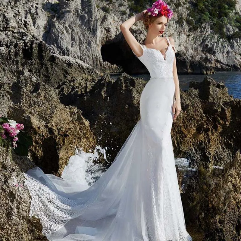 

YILIBER Mermaid wedding dress v-neck white simple bridal dresses lace beautiful backless big skirt plus size