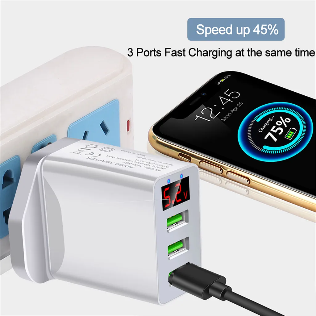 USB Adapter 3 Port Fast Quick Charge QC 3.0 Hub Wall Charger 3.1A Power Digital display US/EU/UK Charger-L01 | Электроника