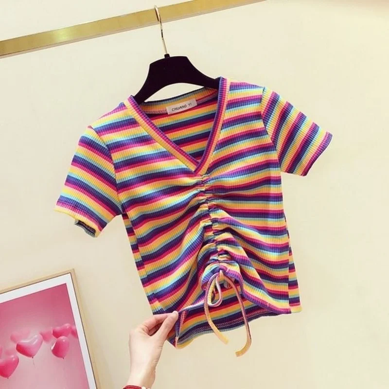 

2021 Summer Women Drawstring Striped Print T-Shirt Short Sleeve O Neck Slim Elasticity Knitted Pullover Thin Crop Tops Y370