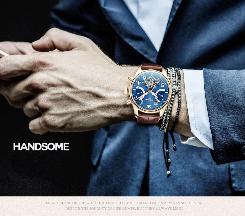 Tourbillon, мужские часы, розовое золото, чехол, синий циферблат, карнавал, автоматические часы, мужские, люксовый бренд, механические часы, Мода