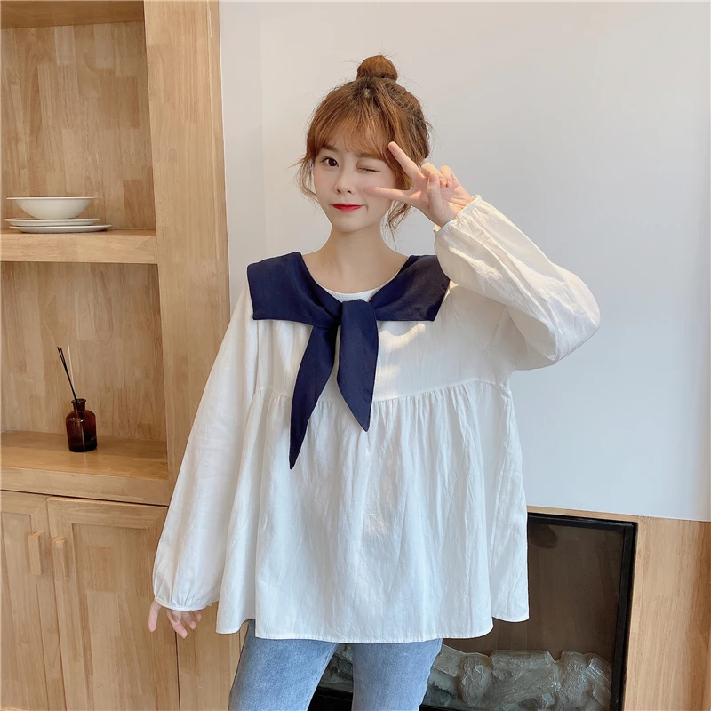 

Japanese Sweet Preppy Pullover Blouse Women Navy Collar Shawl Removable Puffy Sleeve Shirt Teen Girl All-match Baby Shirt