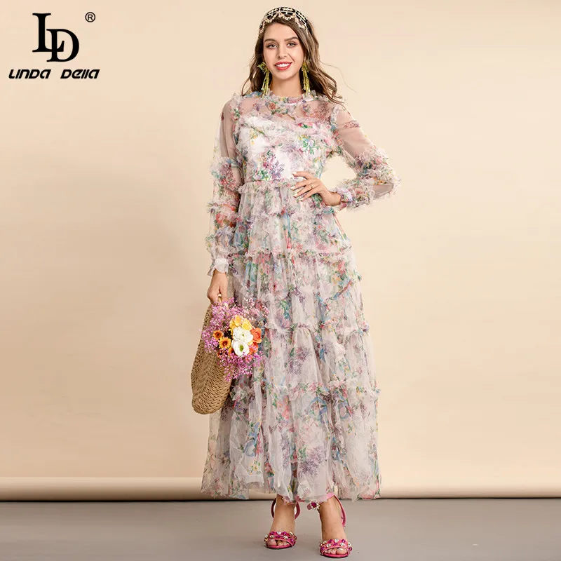 

LD LINDA DELLA 2021 модное дизайнерское летнее Сетчатое длинное платье для женщин с оборками и длинным рукавом с цветочным принтом винтажное платье...