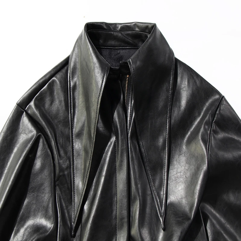 

SHENEGPELAE High Street PU Leather Coat Women's Spring 2021 New Big Lapel Zipper Long Sleeve Patchowrk Mesh Jacket Female 5B842