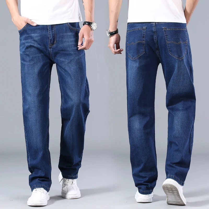 2020 Big Size 30-44 Classic Stretch Wide Jeans Men Brand Demin Blue Loose Pants Casual Male Cotton High Elastic