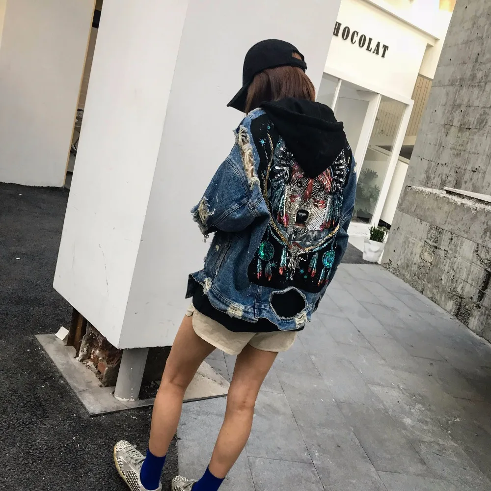 Куртка женская джинсовая с капюшоном свободная повседневная верхняя одежда из