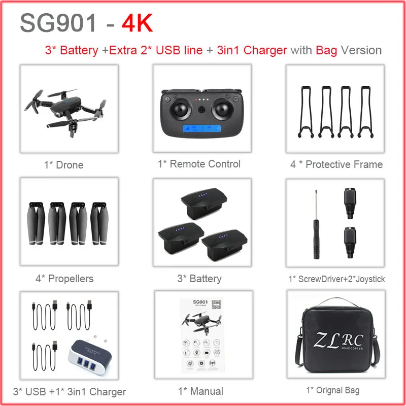 SG901 RC селфи Дрон 4k 1080P HD Двойная камера Складная следуя за мной FPV Профессиональный Дрон долгое время Летающий вертолет детские игрушки - Цвет: 3Battery4KBag
