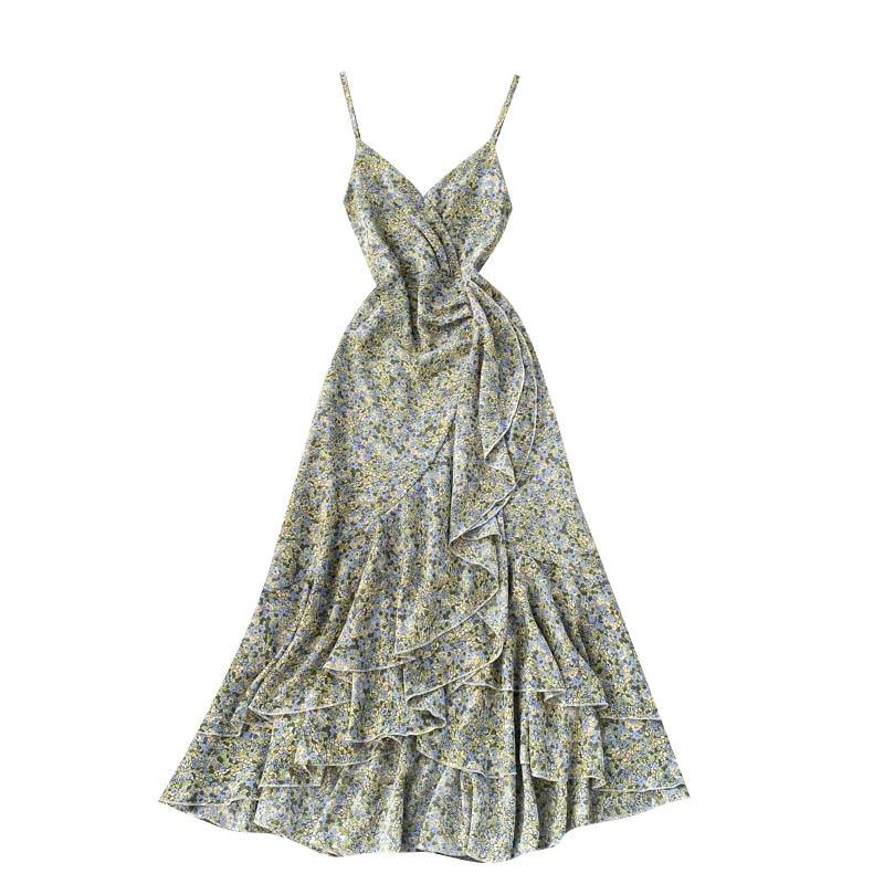 

Summer New Holiday Sling Vestidos Female Fashionable Floral V-neck Irregular Ruffled Retro Fishtail Midi Dress C