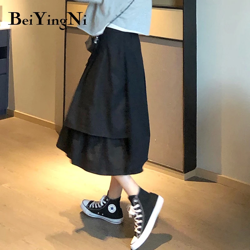

Beiyingni All-match High Waist Midi Skirts Women Irregular Student Black Skirt Female 2021 Summer Fashion Casual Skirts Womans