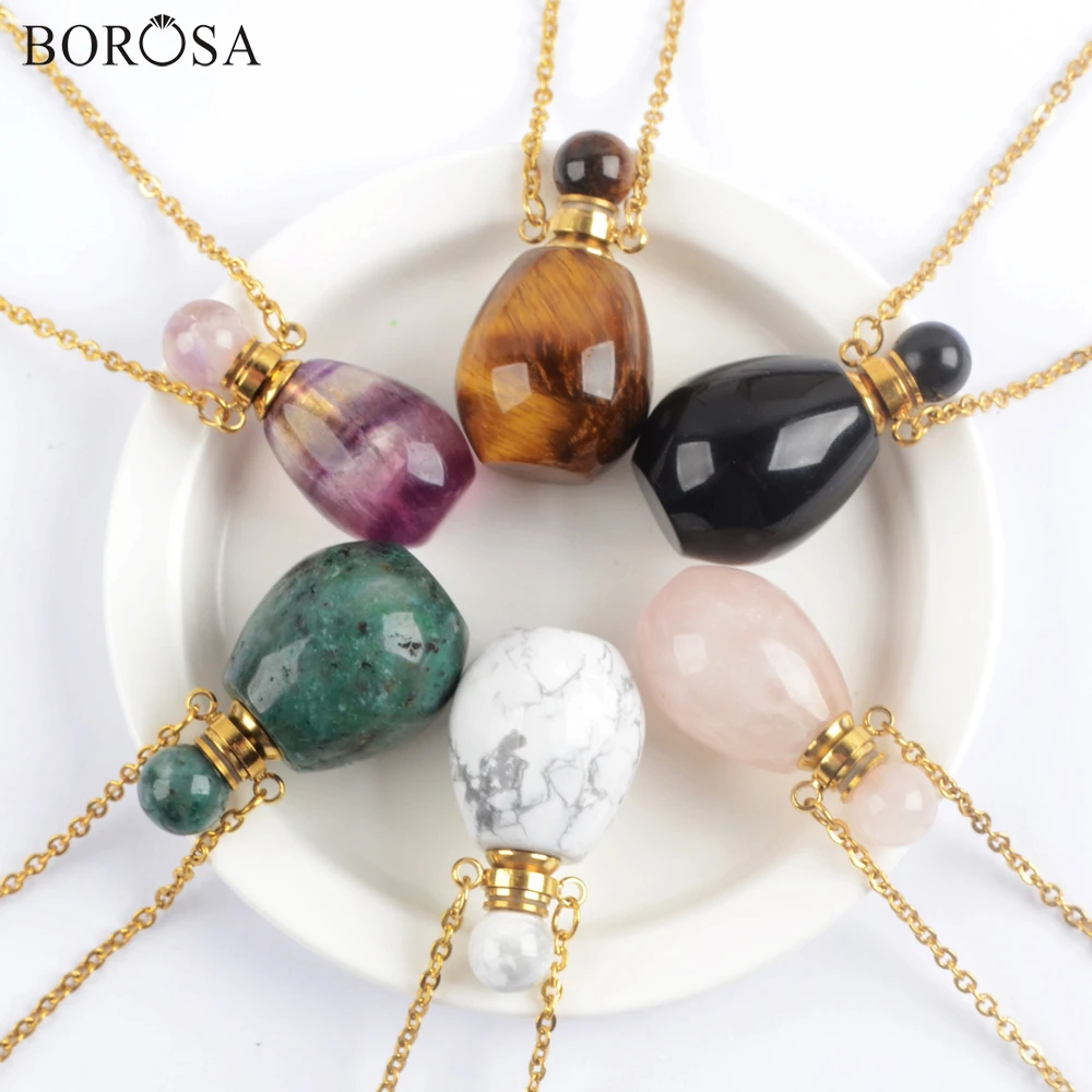 

New Fluorite Agates Tiger Eye Essential Oil Diffuser Gold Necklace Natural Gems Stones Perfume Bottle Pendant Necklace WX1607