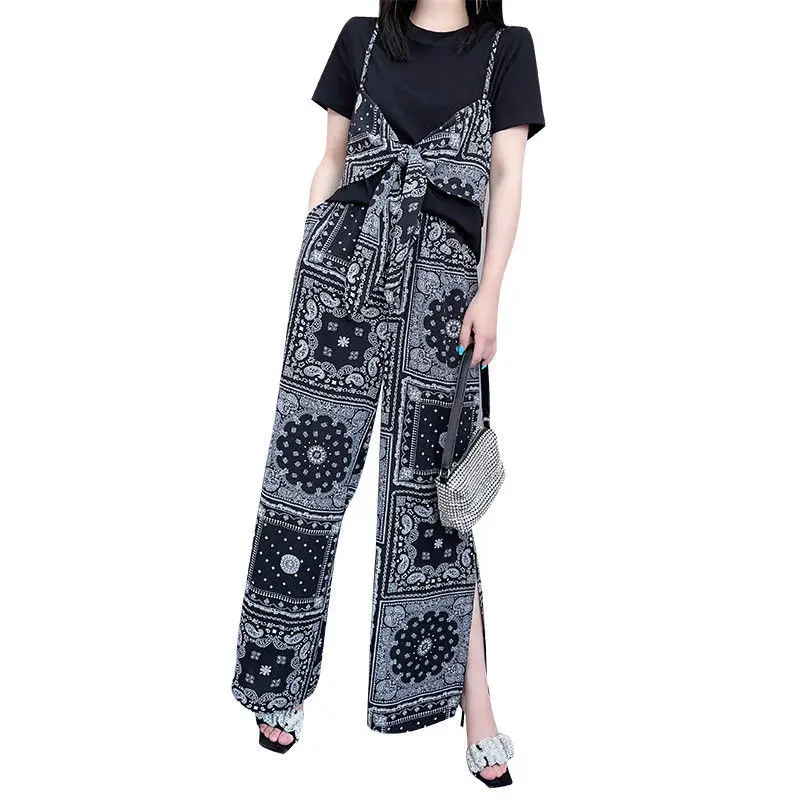 

Large women's 2021 summer new black short sleeve T-shirt hem split Jumpsuit