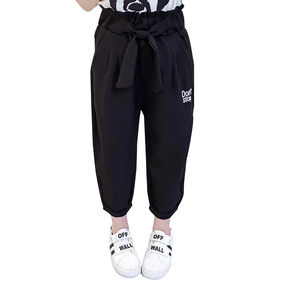 Летние штаны для девочек шаровары с надписью школьные повседневные брюки бантом