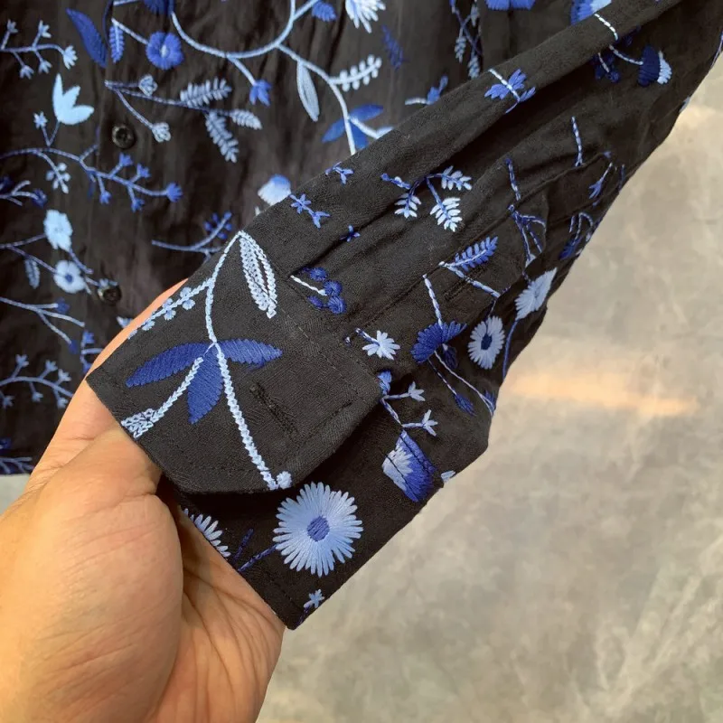 

Spring New Mens Long Sleeve Floral Embroidery Shirt Stand Collar Cotton Linen Tops Fashion Office Man Work Loose Casual Shirts