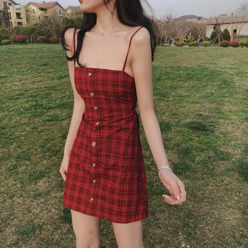 

French Dungaree Dress Female 2021 Early Spring New Style Sexy Hollow-out Backless Tartan Skirt Western Style Waist-Slimming Base