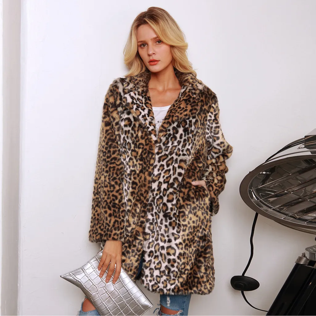 

Winter Lady Womens Warm Short Faux Fur CoatPrint Zipper Up Turn Down Collar Long Jacket Parka Outerwear