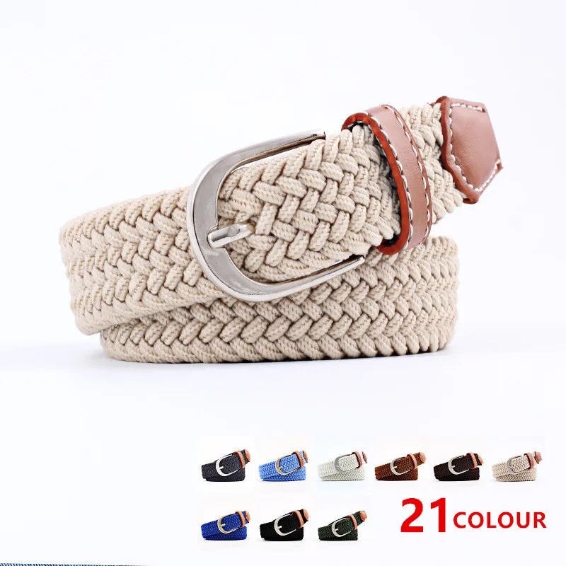 

21 Plain Colors Men Women Belt Casual Knitted Pin Buckle Waistband Woven Canvas Elastic Expandable Braided Stretch Belts
