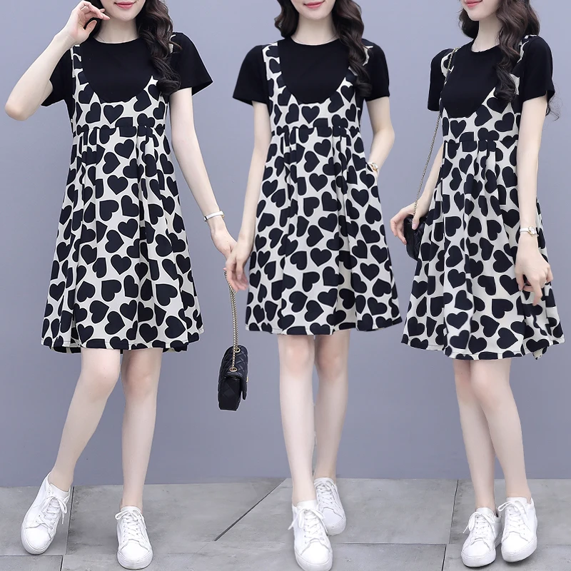 

Summer chiffon dress women casual loose patchwork love peach heart print dress ladies fashion cute strap dress midi female robe