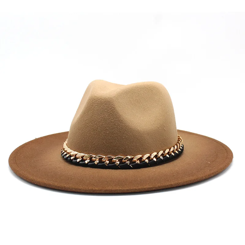 

New Fedoras hats Women Men Woolen Vintage Trilby Felt Fedora Hat Wide Brim Elegant Gradient Color Lady Metal chain Jazz Caps