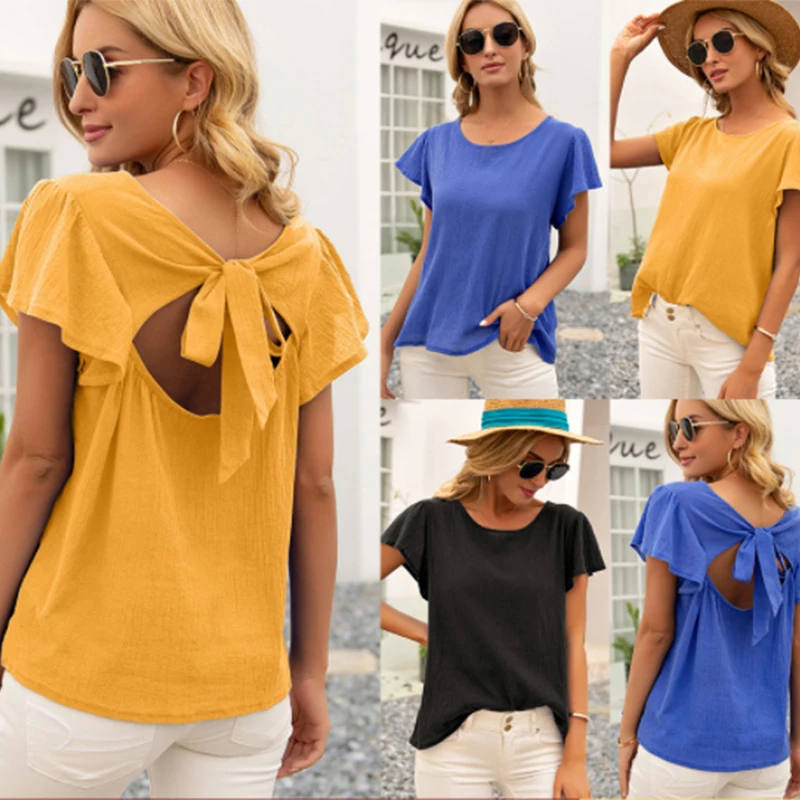 

Woman T Shirt Casual Back Hollow Out Bow Tie Solid Short Lotus Sleeve Basic T-shirt Yellow Black Tshirt Top Tees 2021 Summer New