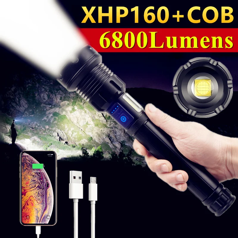 

16CORE XHP160+COB Led Flashlight 26650 USB Tactical Flash Light XHP70/P90 Rechargeable Led Lantern Zoom Hunting Bright Work Lamp