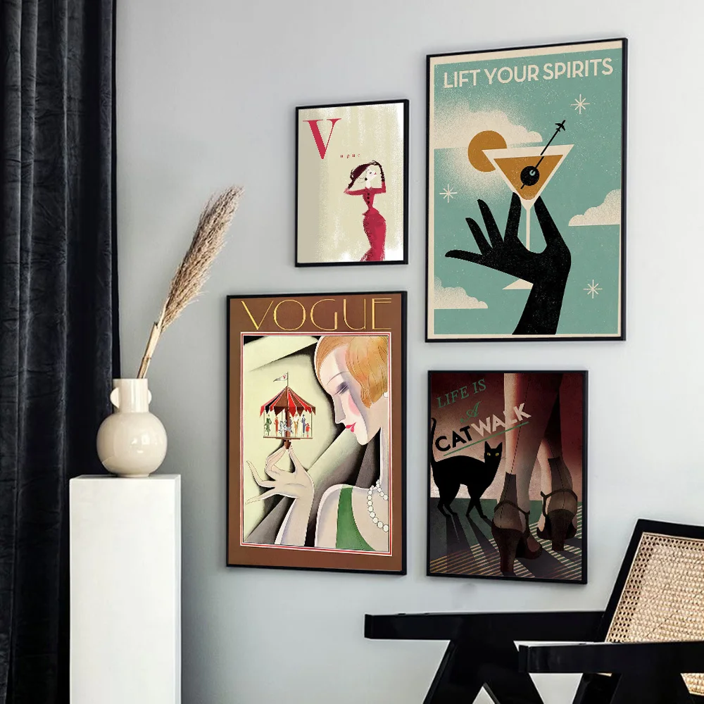 

Fashion Wall Art Coaktail Glass Cup Poster Nordic Print Cat Walk Canvas Painting Woman Pictures for Living Room Decoration