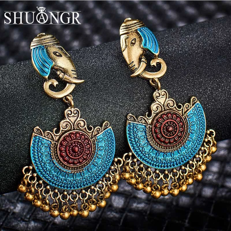 SHUANGR Индийские цыганские украшения Tribal Tassel Earring Elephant Dangle Drop Flower Ornate для женщин Boho Vintage Brincos.