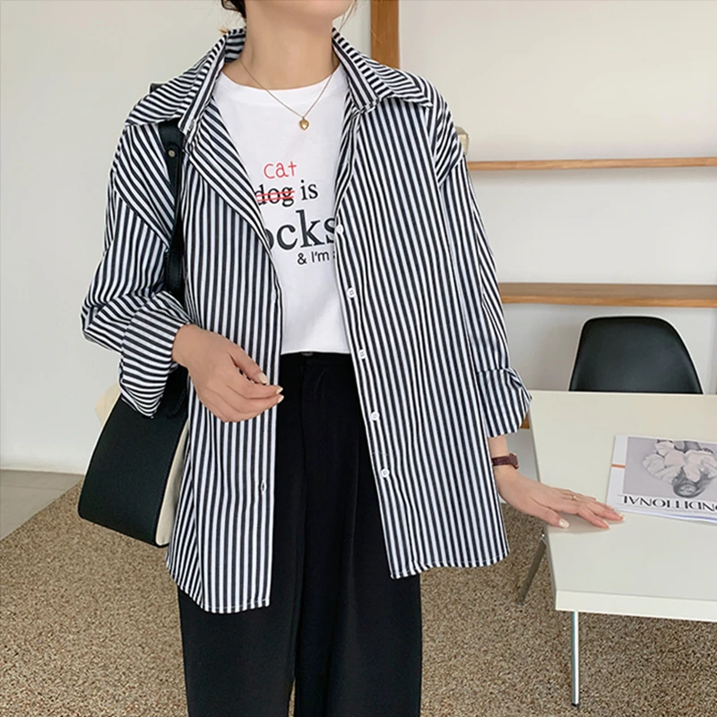 

Women Blouses Shirts Spring Autumn 2021 New Vintage Oversize Korean Irregular Split Striped Wild Lady Tops