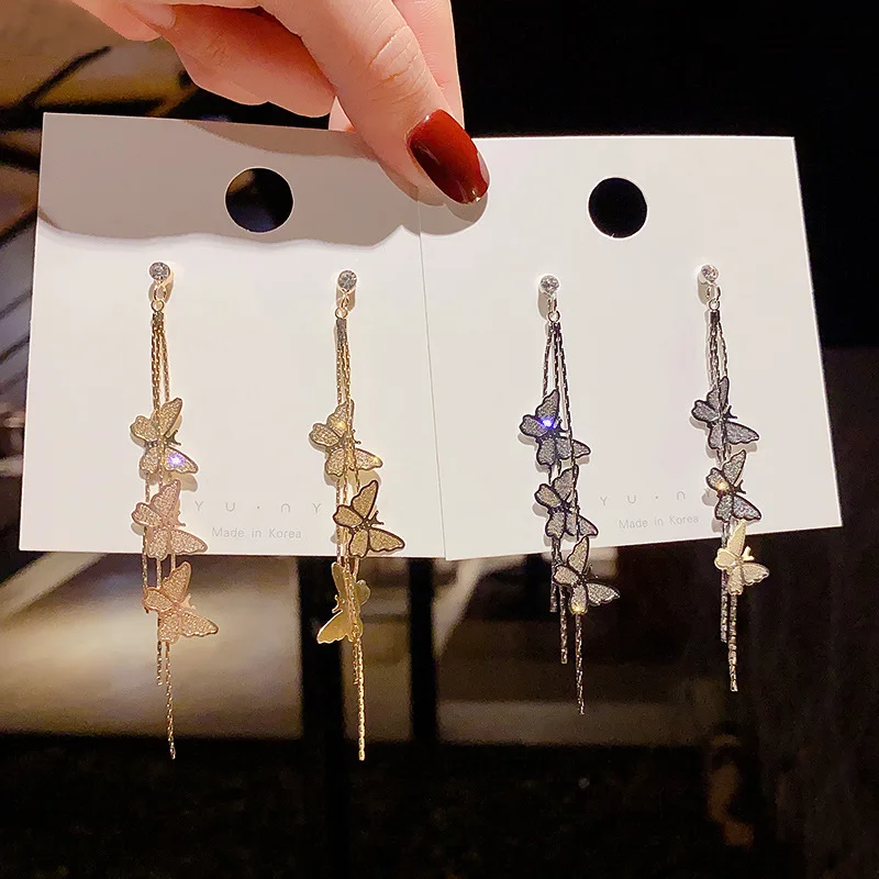 

S925 Silver Needle Flower Long Earrings Women New Fashion Temperament Tassel Butterfly Microinlaid Zircon High Sense Ear Pendant