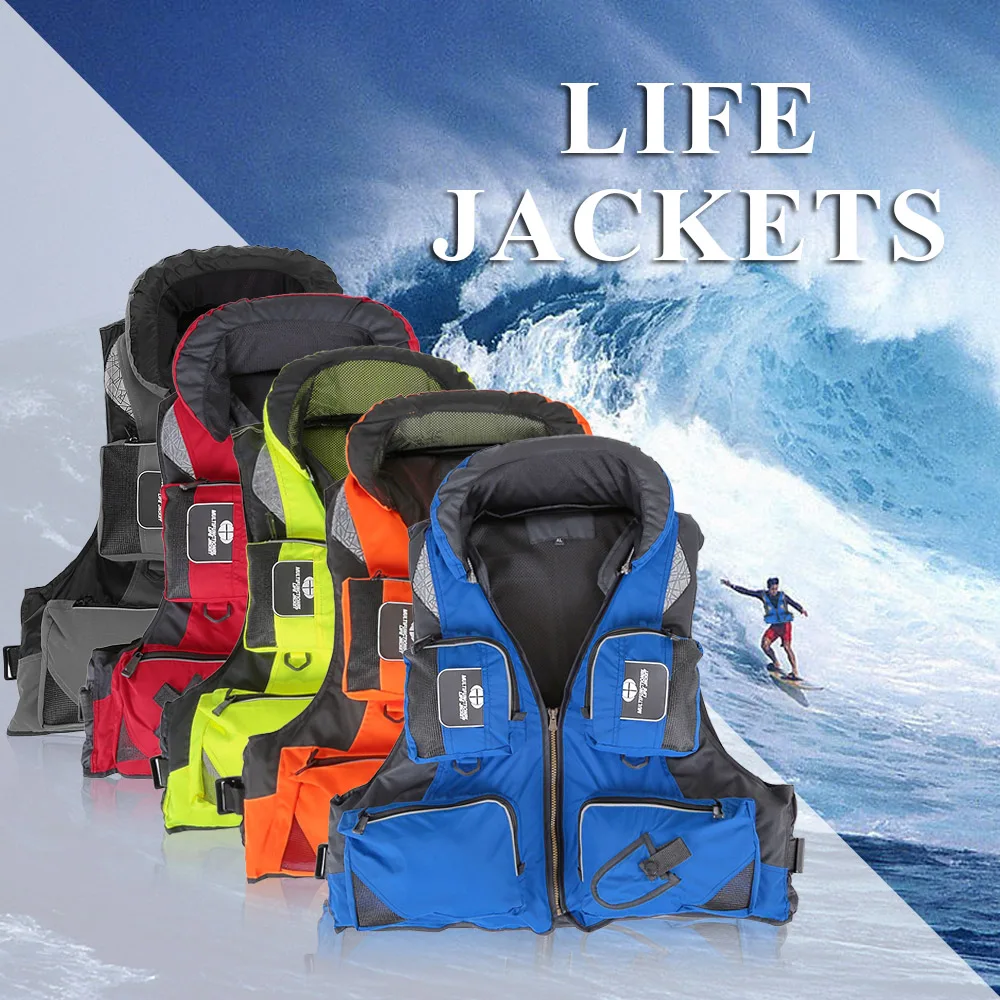 

Professional Life Jacket Vest Fishing Polyester Adult Safety Life Jacket Survival Jet Ski Life Vest Swimming Boating Drifting
