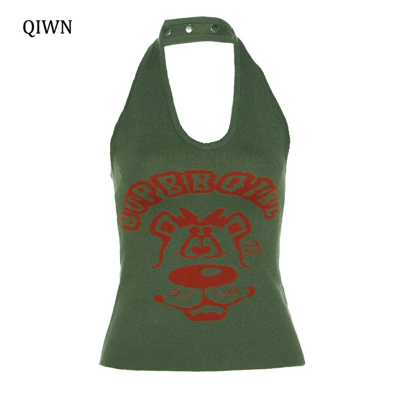 

Harajuku Street Bear Letters Print Vest Women Autumn Sexy Sleeveless Tanks Green Halter Y2k Aesthetic Fashion Girl Crop Top