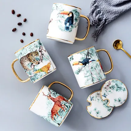 

Creative Gold Put Mug Animal British Ceramic Cup Nordic Afternoon Tea Milk Coffee Juice With Cover Spoon Home Drinkware