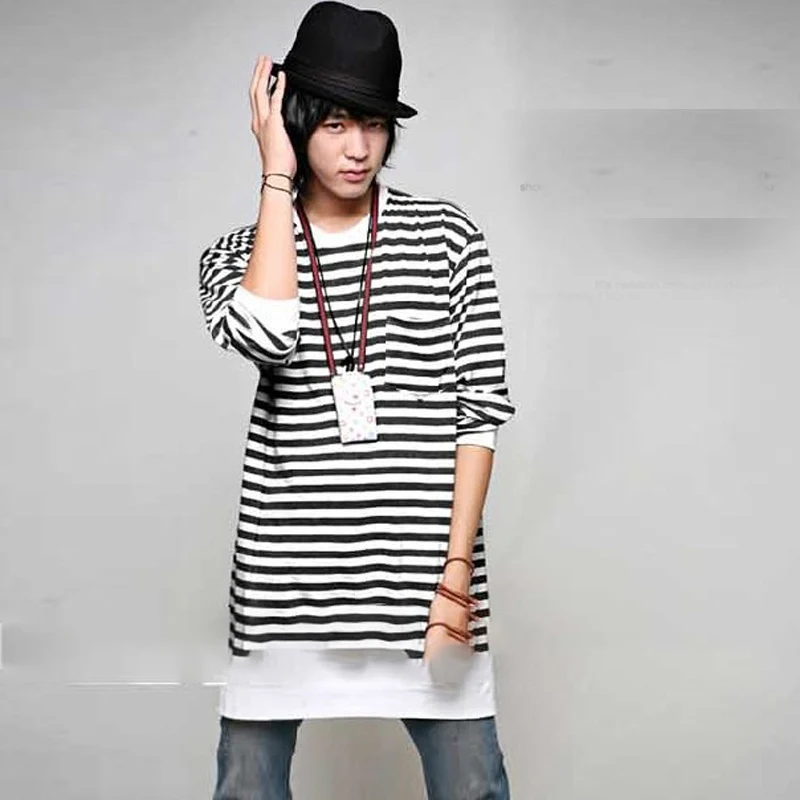 Корейская версия взрывобезопасной длинной черно белой футболки с длинным