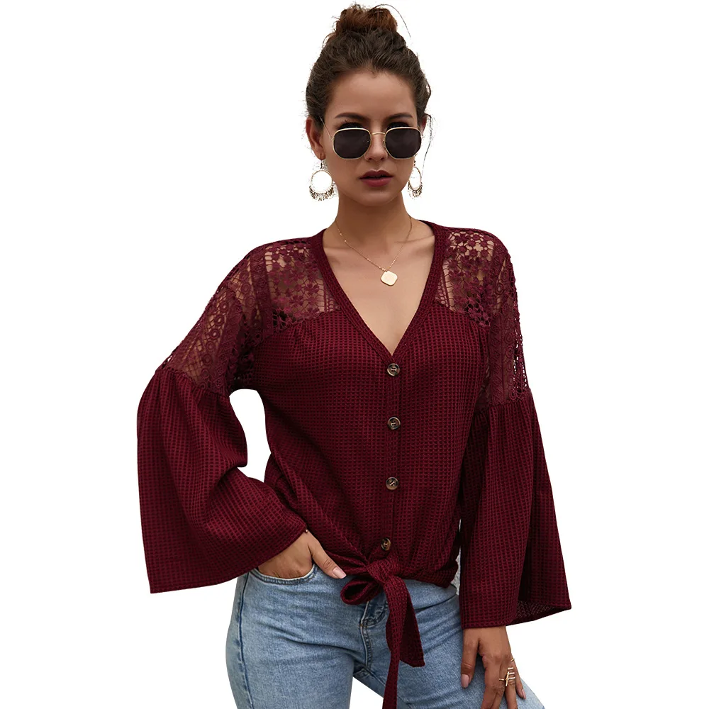 

Popular Autumn Women's Long-Sleeve Knitwear Solid Color Burgundy Hollow Out Flare Sleeve V-Neck Waffle Shirt