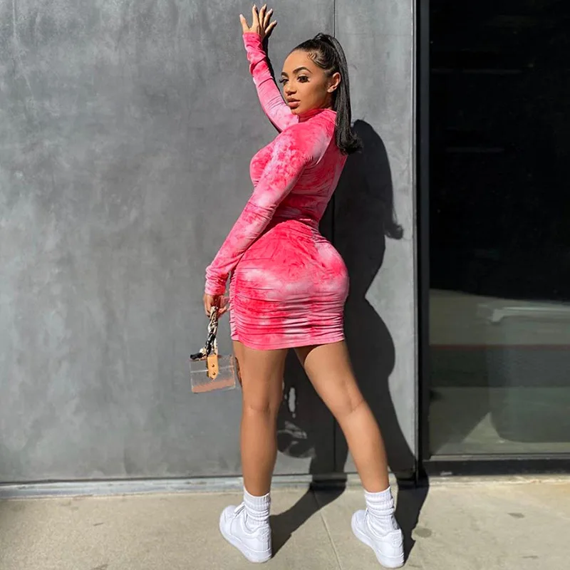 

Spring Summer Tie-dye Print Bodycon Dress Women Full Sleeve Zipper Turtleneck Long Party Dress For Woman 2021 New