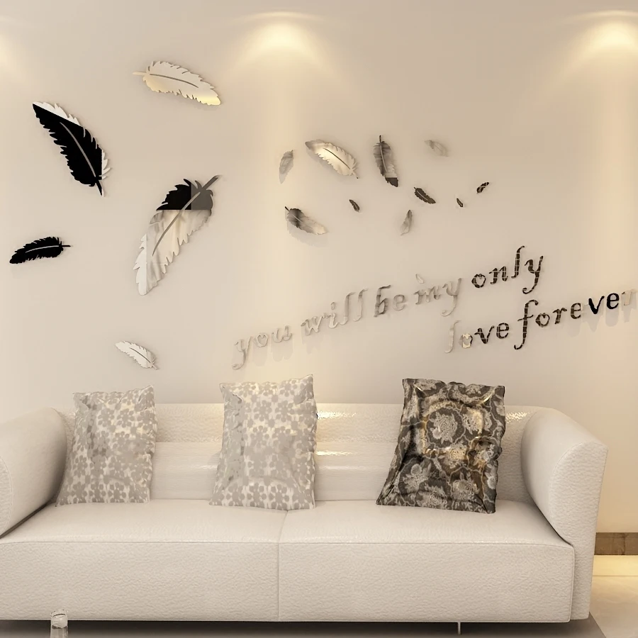 

New Diy Feather Mirror Wall Stickers Large Size Decals Home Living Room Bedroom Decoration Bathroom Acrylic Wall Sticker Mural