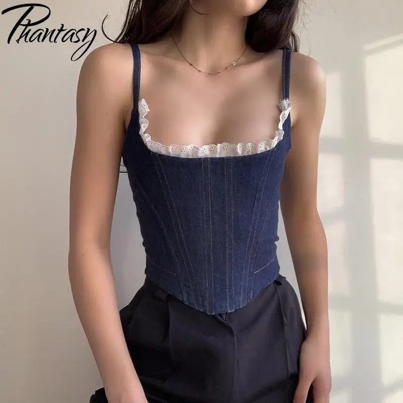 

Phantasy 2021 New Sling Vest Women's Top Summer Sexy Out Wear T-Shirt Backless Denim Camisole Fashion Ruffles Skinny Tank Tops