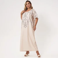 2022 new summer maxi dress women plus size apricot v neck short sleeve loose retro geometric print casual elegant long robes 4xl