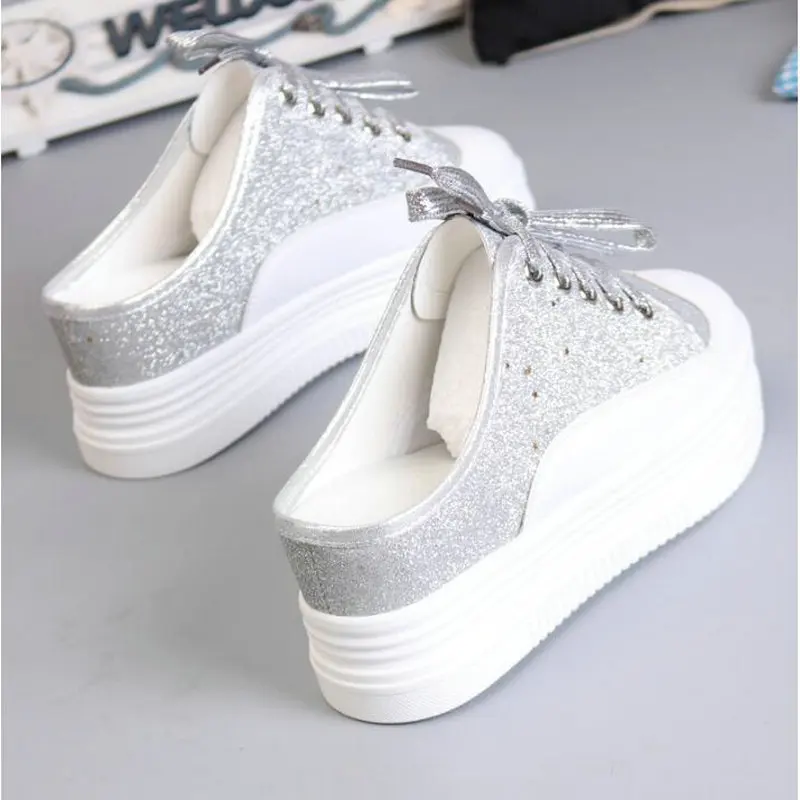 Женская обувь на танкетке украшенная блестками Женские кроссовки платформе 8 см