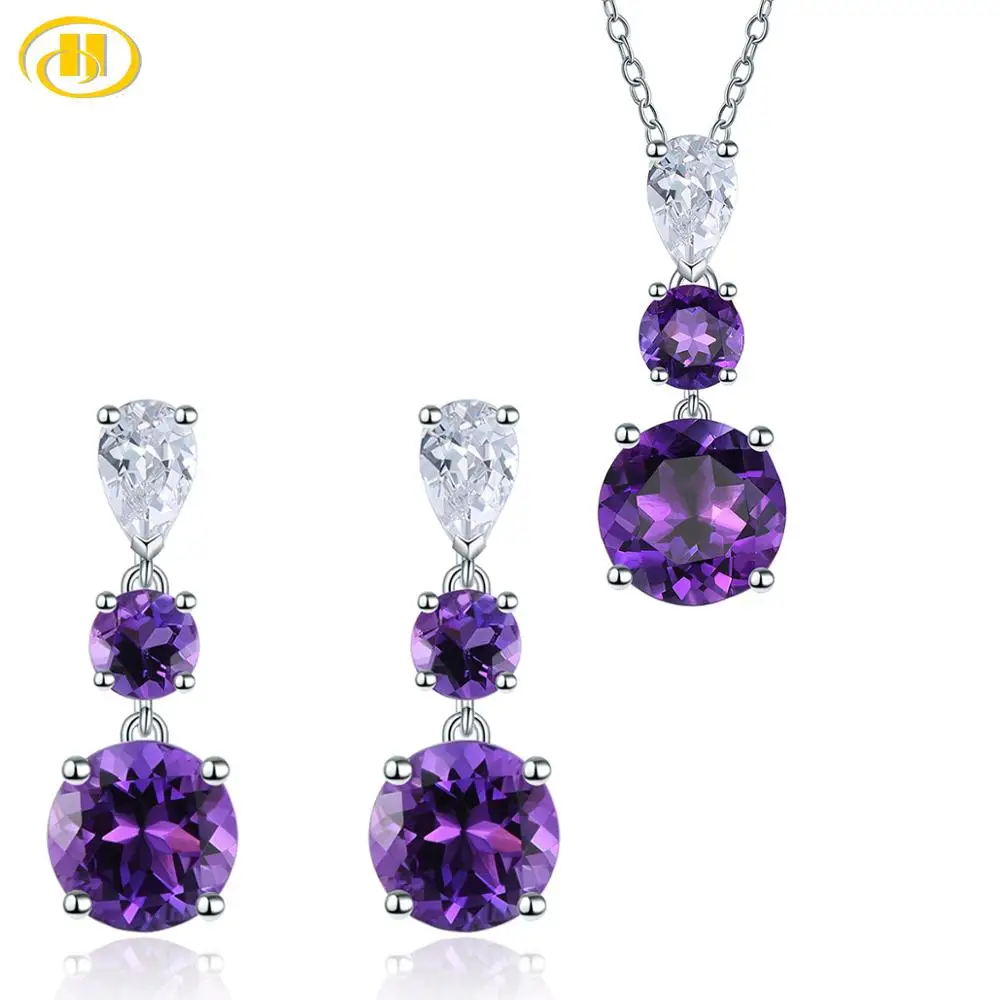

Hutang Round Amethyst 925 Silver Earrings Pendant Jewelry Sets Genuine Purple Gemstone Sterling Silver Chain Fine Jewelry Gift