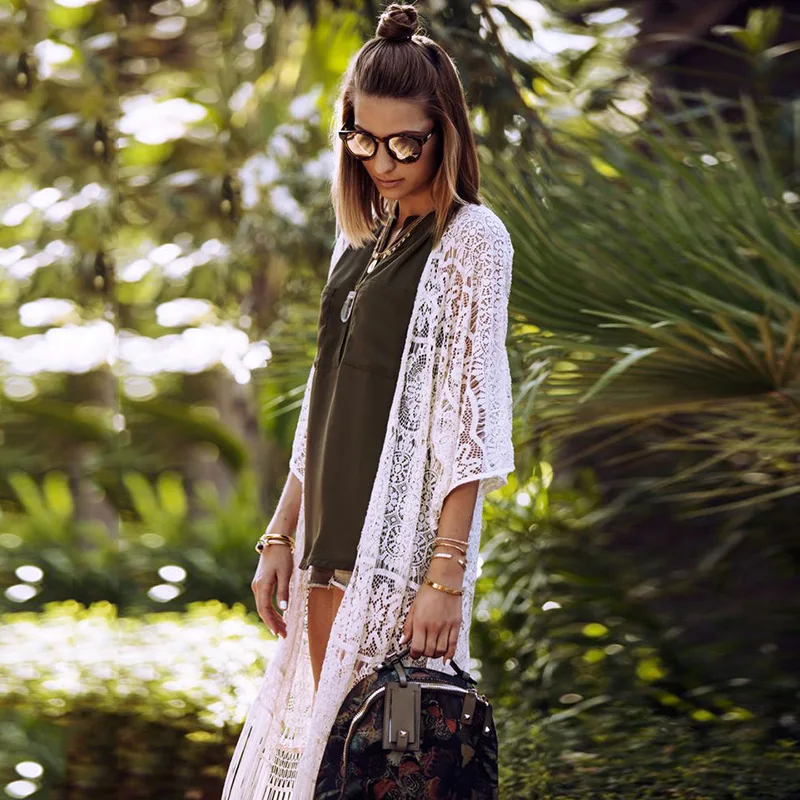 

2021 Summer Beach Blouse Women Fashion Bikini Sexy Summer Beach Dress Cover-Up Swimsuit Bikini Chiffon Short Crochet Tassel