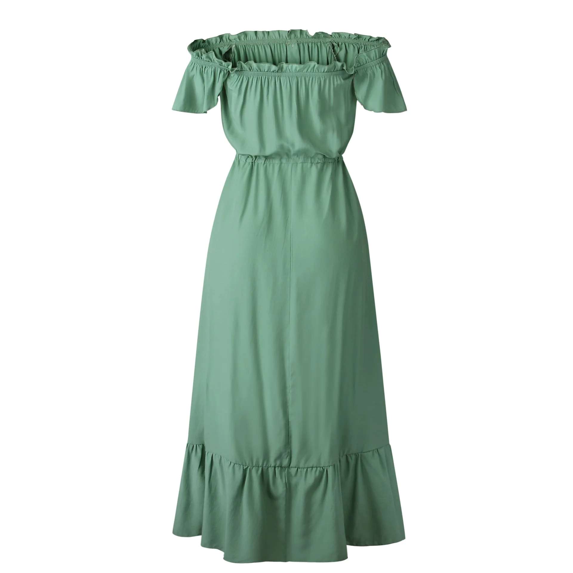 

2021 Summer Women Off Shoulder Maxi Dress Polka Dots Short Sleeves High Waist Pleated Long Dresses with Belt